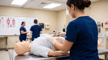 Naklejka premium Dedicated nursing student practices professional clinical procedure on realistic medical mannequin inside bright modern classroom with white walls and lighting
