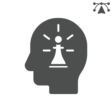 Chess idea head solid icon, chess game concept. Vector graphics. Human mind with pawn move sign and editable stroke, glyph style icon for mobile or web design.