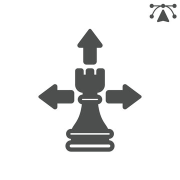 Chess rook breakthrough solid icon, chess game concept. Vector graphics. Defense, chess piece with arrows sign and editable stroke, glyph style icon for mobile or web design.