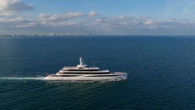 Aerial view motorboat. Luxury lifestyle. Vacation on summer. Yacht at sea. Motorboat aerial top view. Luxury boat motor yacht at sea. Yachting boat tourism. Motorboat gliding through the sea