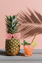Fototapeta premium Pineapple with pink shutter shades and a lime garnished cocktail casting palm shadow on pastel pink for summer drink poster and backdrop