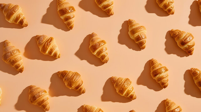 Appetizing French croissants food pattern layout on warm beige background, top view flat lay of golden crispy pastries with hard shadows, festive bakery marketing, generative AI