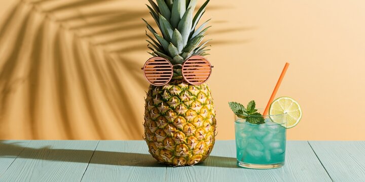 Tropical pineapple with slatted sunglasses and turquoise cocktail on peach background for summer banner and poster design with retro pastel mood