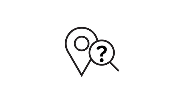 Location pin with question mark icon features black line art for digital map navigation