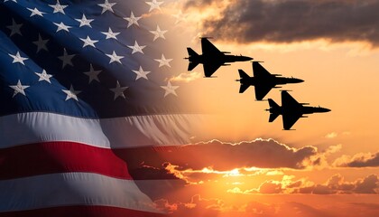 Silhouetted fighter jets flying in formation across a dramatic sunset sky, overlaid with the American flag. A patriotic and powerful photorealistic concept of US military strength and pride.