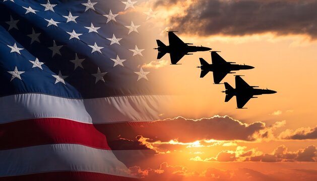 Silhouetted fighter jets flying in formation across a dramatic sunset sky, overlaid with the American flag. A patriotic and powerful photorealistic concept of US military strength and pride.