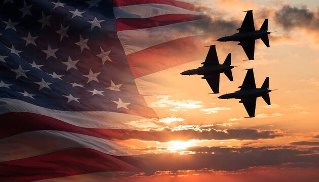 Silhouetted fighter jets flying in formation across a dramatic sunset sky, overlaid with the American flag. A patriotic and powerful photorealistic concept of US military strength and pride.