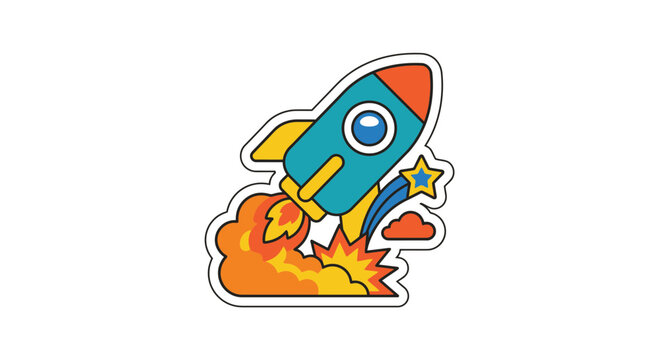 Colorful cartoon rocket ship blasting off with fire.
