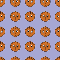 Fototapeta premium Seamless Halloween pumpkin pattern. Surprised pumpkin on a bright lilac background. Perfect for packaging, backgrounds, wrapping paper, and fabric.