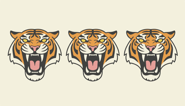 Dynamic pattern of three identical powerful roaring tiger heads with wide open jaws and intense yellow eyes.