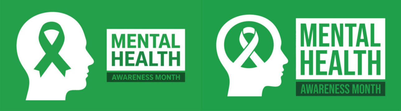 Green banner design with human head silhouettes and awareness ribbons for world mental health day celebration