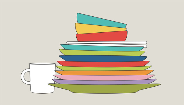 Tall stack of colorful ceramic plates and bowls next to a simple white coffee mug against a neutral background.
