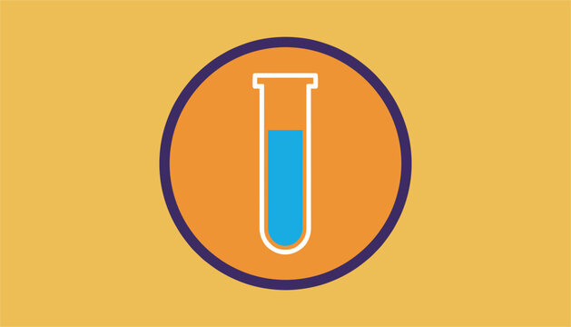Minimalist laboratory test tube icon filled with blue liquid set inside an orange circle on a yellow background.