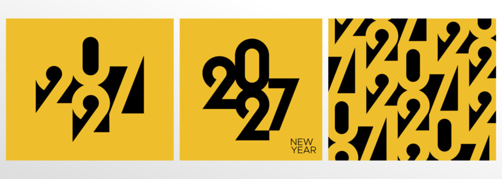Happy New Year 2027 Minimalist Typography Set with Black and Yellow Geometric Number Design