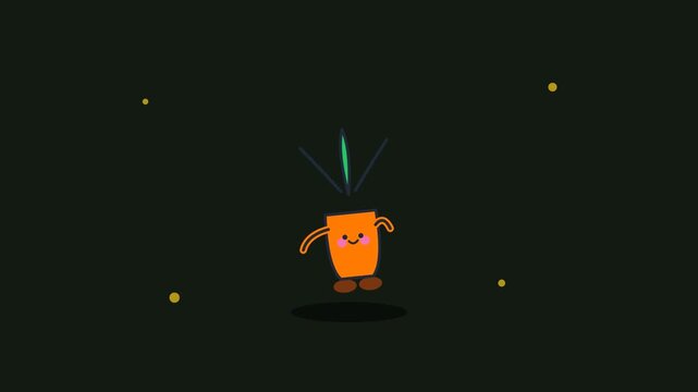 Cheerful orange cartoon character jumping on a dark background.