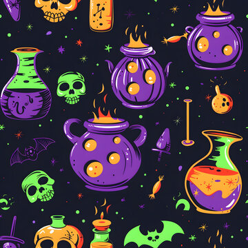 Neon Halloween seamless pattern background with witch cauldrons boiling poison, neon green skulls and bats, spooky magic potion bottles texture layout, generative AI