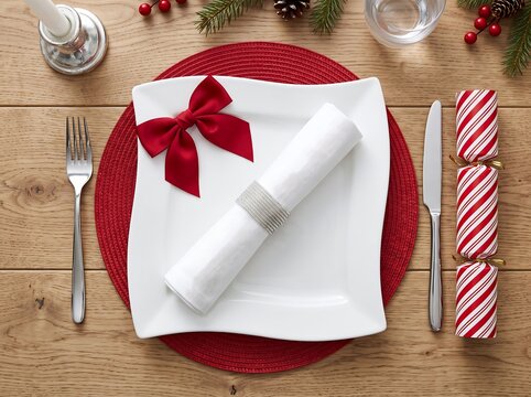 Elegant Thanksgiving table setting with red accents and holiday decorations