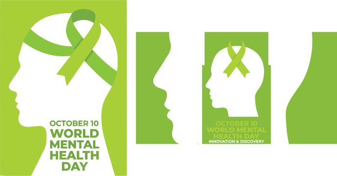 Minimalist graphic design illustration for world mental health day featuring a human head silhouette and awareness ribbon