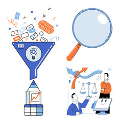 Data processing and business strategy vector illustration. Analytics, decision making, problem solving, financial planning, market research, corporate management. Information filtering and evaluation © Dmytro
