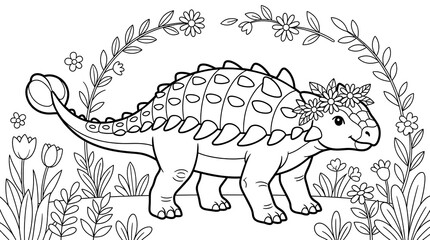 Stegosaurus Dinosaur With Flower Crown in Black and White © Niyamat