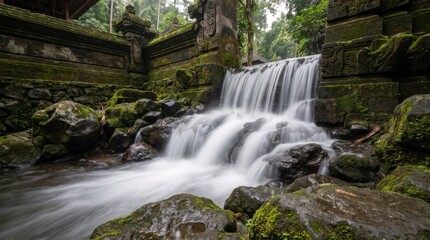 Fototapeta premium A serene tropical stream flowing through ancient weathered stone ruins in a lush forest landscape provides peaceful natural scenery that reflects harmony between historical architecture and