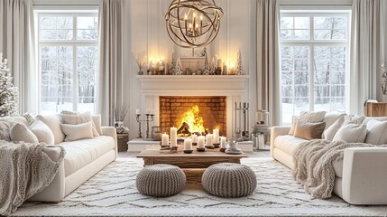 Fototapeta premium Cozy Scandinavian Living Room with Glowing Fireplace and Winter Forest View Through Large Windows
