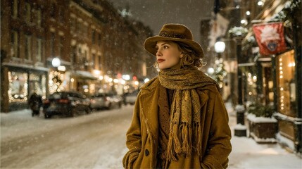Obraz premium A woman wears an elegant coat and hat on a snowy winter city street with beautiful warm light glow.