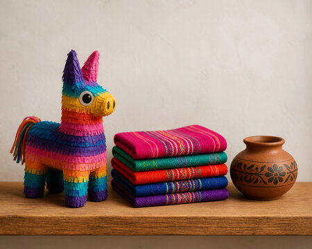 Handcrafted miniature pi&ntilde;ata with folded textiles and clay pot, Mexican folk art and cultural craft concept