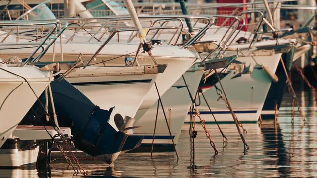 Row of white motorboats moored at marina pier in summer evening light.