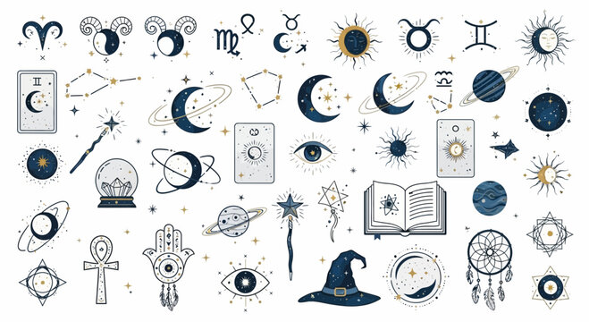 A collection of mystical celestial icons on a white background