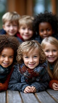 A group of diverse smiling children in winter clothing leaning on a wooden table with a blurred background.