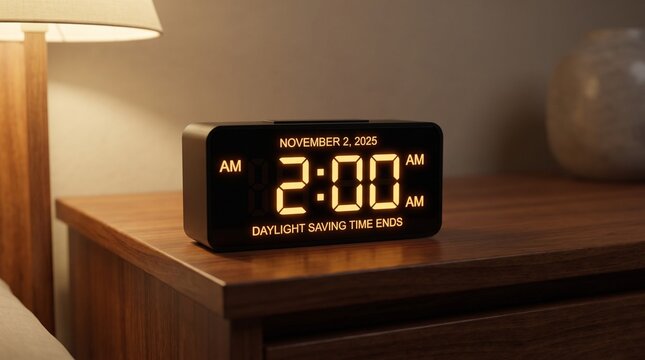 Digital alarm clock showing daylight saving time ends, glowing LED clock on wooden nightstand, cozy bedroom interior at 2 AM