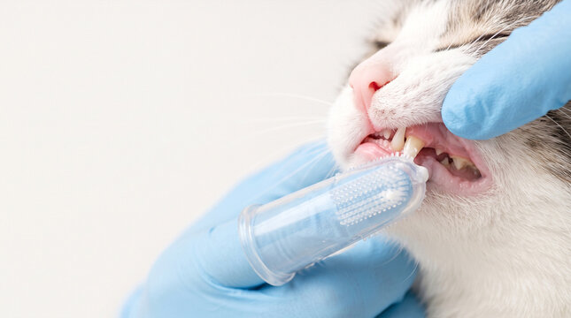 Veterinarian in blue gloves cleaning cat teeth with a silicone finger brush