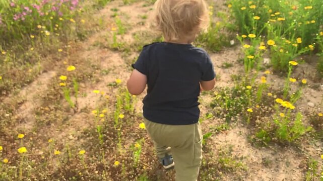Toddler with blond hair walking in wildflower field