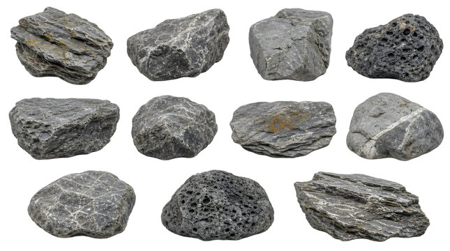 A collection of eleven diverse grey rocks and stones featuring various textures such as porous volcanic rock and layered sedimentary stones isolated on a clean white background.