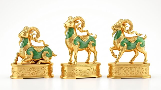 Premium set of three Chinese style golden ram sculptures featuring 24K gold mirror polished finish emerald jade sections decorative pedestals for high luxury commercial catalogs

