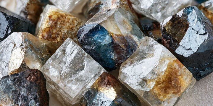Close-up of colorful raw fluorite crystals featuring deep blue, golden yellow, and clear translucent natural facets.