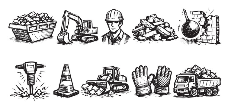 Collection of hand-drawn black and white construction elements, including machinery, tools, and debris, isolated on a clean white background