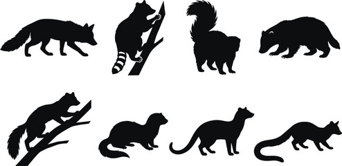 Obraz premium Wild Forest Animals Silhouette Collection Featuring Fox Raccoon Skunk Badger Pine Marten Otter Weasel and Civet