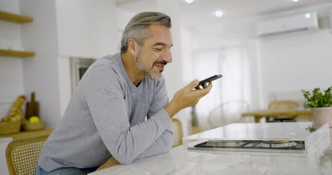 Portrait of happy business senior caucasian man with casual cloths work in home office desk using smart phone Coffee mug. Small business employee freelance online tele market, retire leisure concept