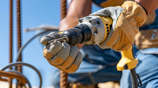 Close-up of worker hands operating a powerful construction drill with cables and protective gloves, construction equipment, skilled labor, renovation work, workplace safety, Labor