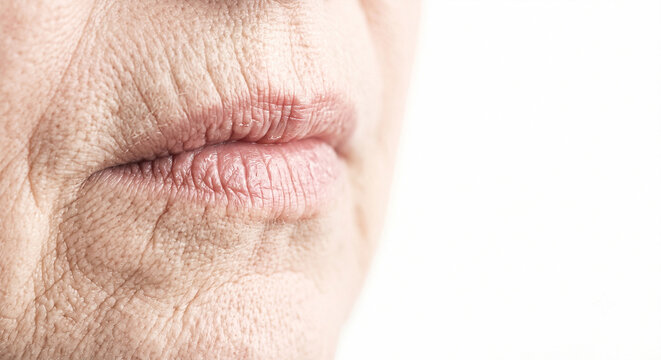 Extreme macro detail of dry wrinkled elderly lips and chapped skin texture on white background
