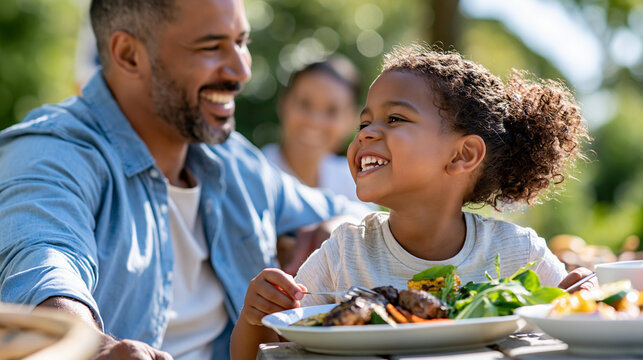 Happy family enjoying a Labor Day backyard barbecue with grilled food, picnic table and subtle American decorations, family celebration, summer holiday, community gathering,