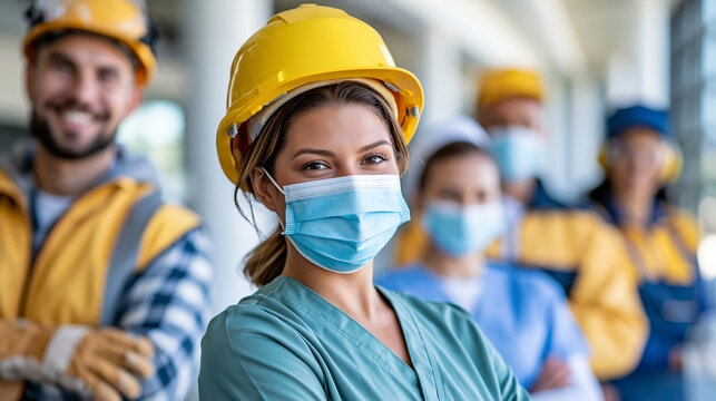 Diverse essential workers posing together in a bright studio environment, construction worker, mechanic, nurse, delivery worker and factory employee, Labor Day, workforce