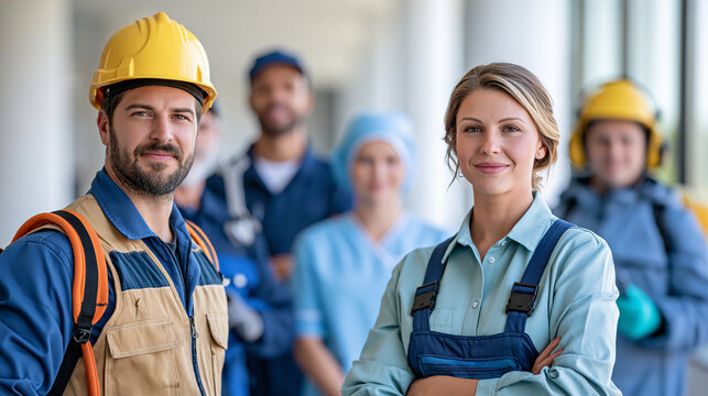 Diverse essential workers posing together in a bright studio environment, construction worker, mechanic, nurse, delivery worker and factory employee, Labor Day, workforce
