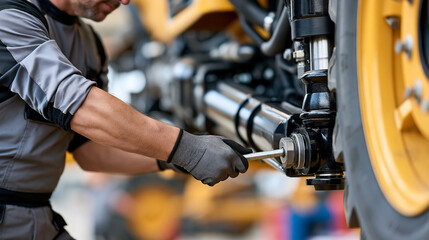 Naklejka premium Professional mechanic repairing heavy equipment in a workshop, protective gloves and work uniform, skilled labor, machinery maintenance, blue collar worker, Labor Day, industrial