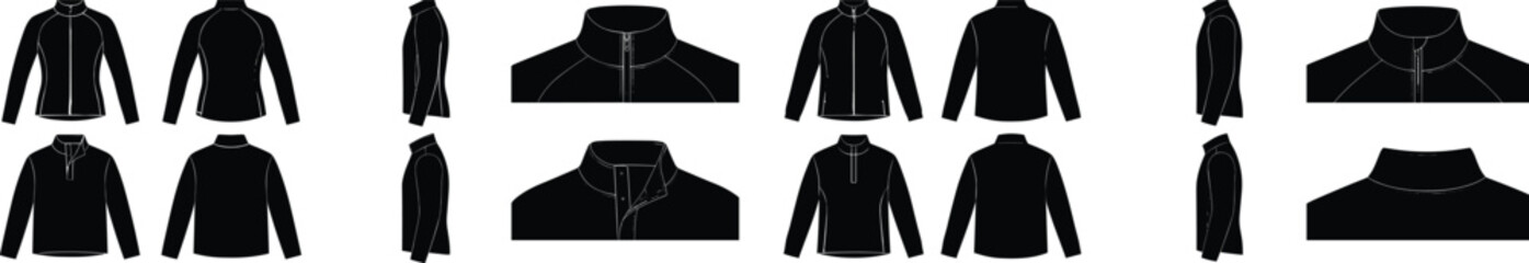 PrintBlank activewear jacket and quarter zip pullover technical flat sketch silhouette vector collection with multiple angles. © MdArifur