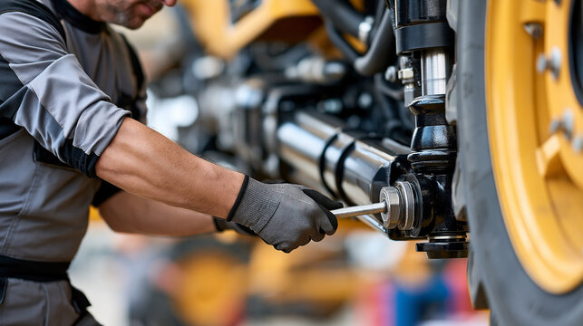 Professional mechanic repairing heavy equipment in a workshop, protective gloves and work uniform, skilled labor, machinery maintenance, blue collar worker, Labor Day, industrial