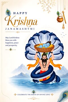 Krishna Janmashtami Poster Showing Vasudeva Carrying Baby Krishna