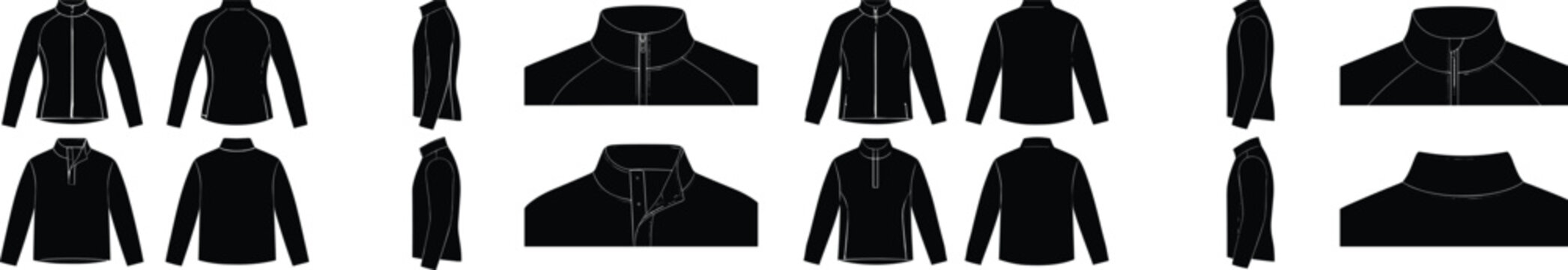 PrintBlank activewear jacket and quarter zip pullover technical flat sketch silhouette vector collection with multiple angles.